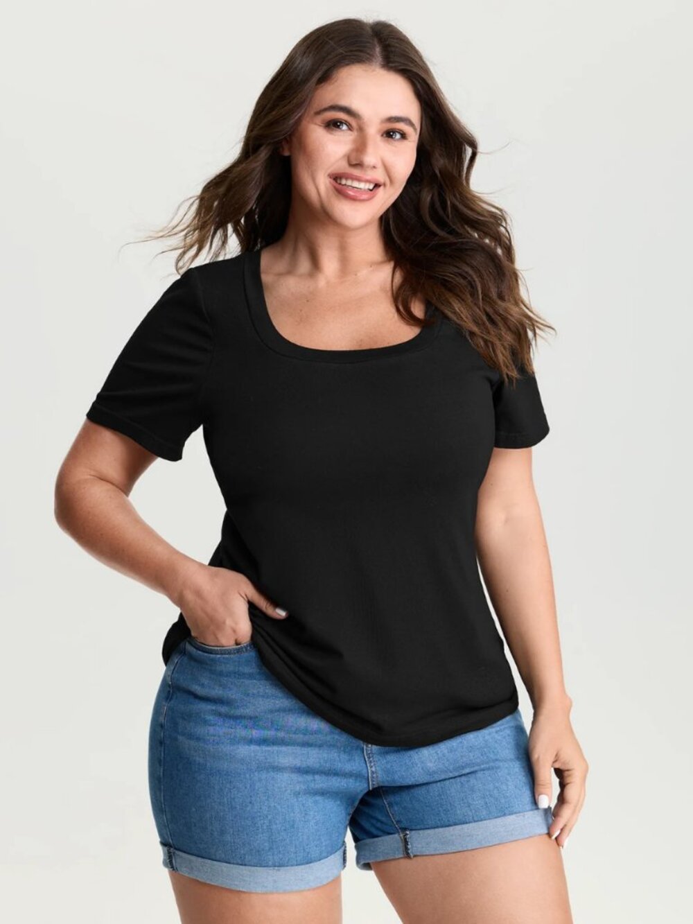 Black Supersoft Square Neckline Fitted/Bra lined T-Shirt #NWT